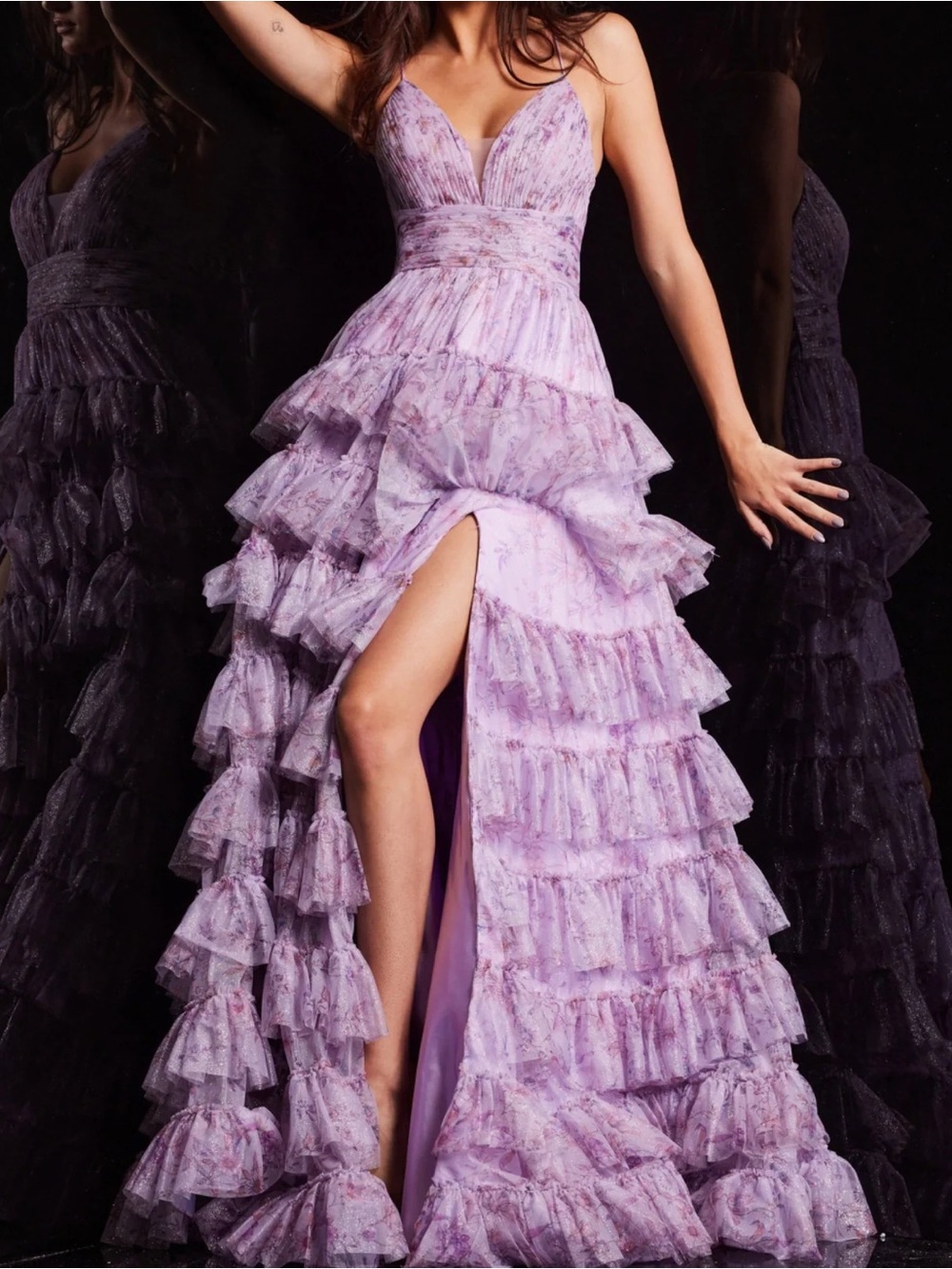 Lilac Ruffled Tiered Gown with Deep V and Thigh Slit